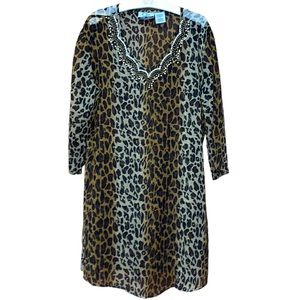 •CZ COVER-UPS•LEOPARD BEADED SHEER SWIM V-NECK DRESS COVER UP SIZE SMALL EUC